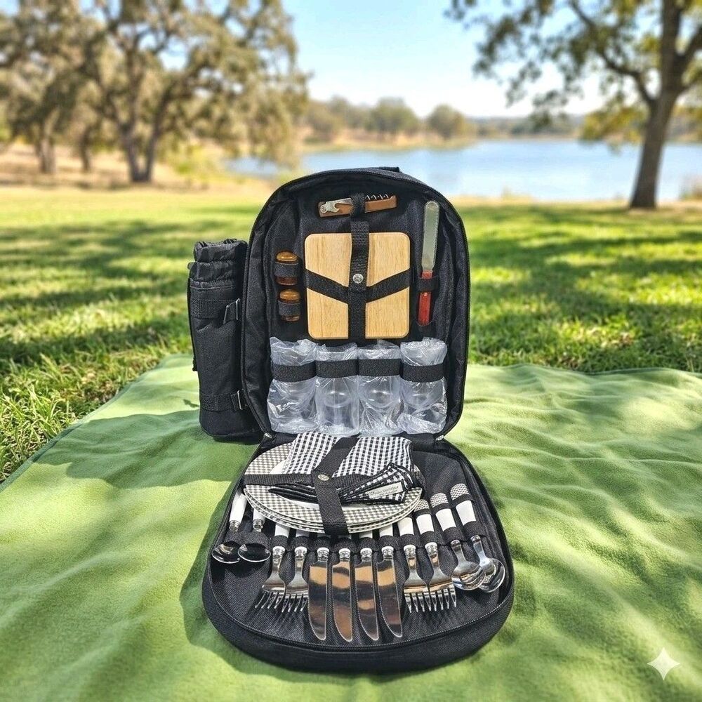 Picnic at Ascot 4 Person Picnic Backpack Cooler NWOT Black Plaid Complete Set